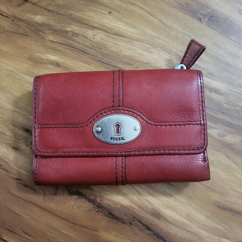 Fossil Wallet, Red Leather, Unisex, Designer, Solid, Credit Card Holder, Trifold